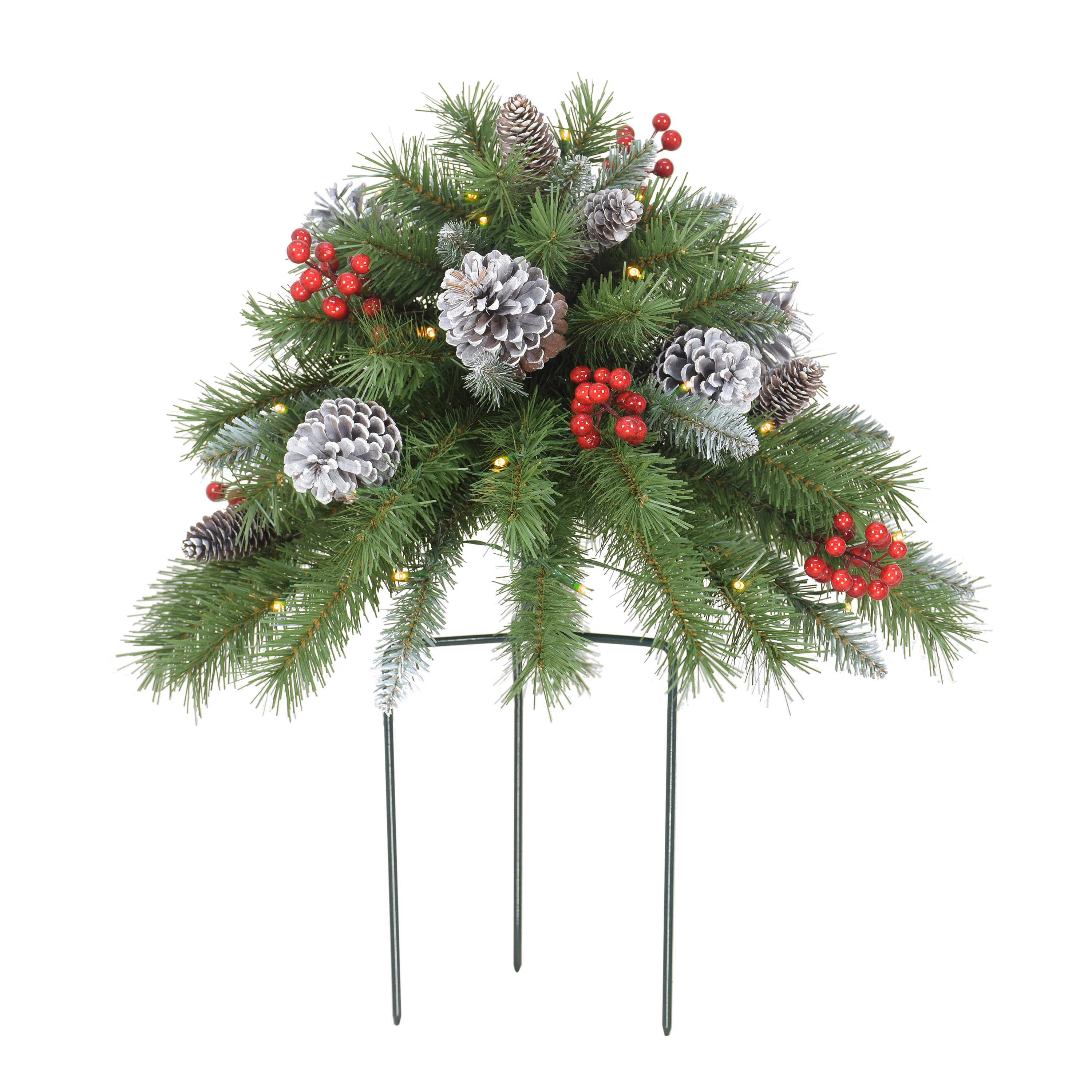 18" B/O Urn Filler, 62 Tips, 35 Warm White LED Lights (3 x AA batteries not included), 6/18 Hours On/Off Time Function, Pine Cones & Berries 2546A-ST18LWF035-BO